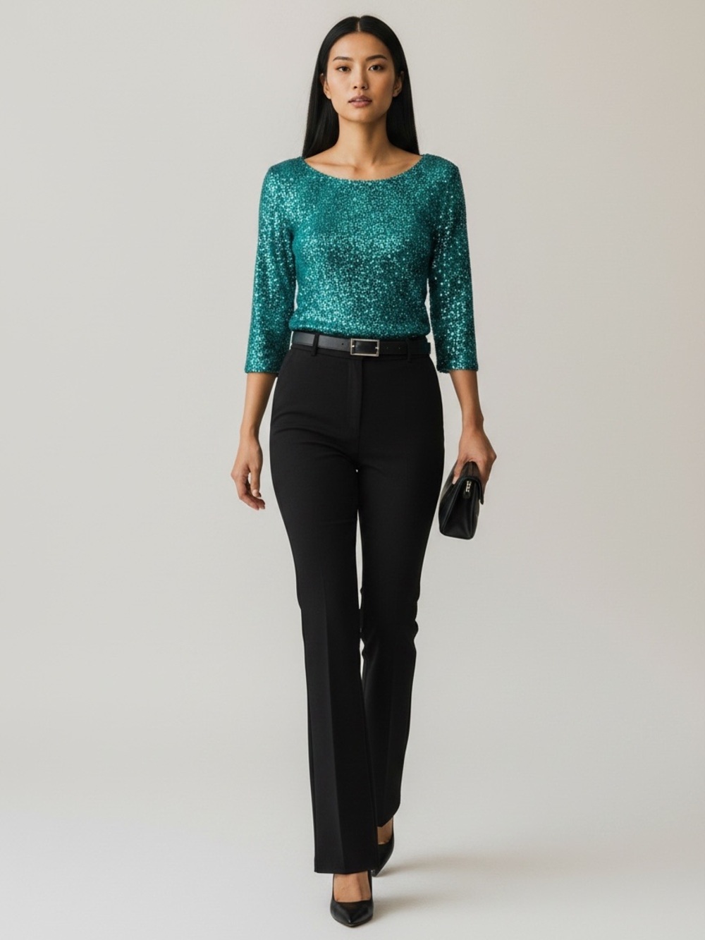 Reitman’s Teal Green Sequin Top Sparkly Scoop Neck 3/4 Bracelet Sleeve XS
